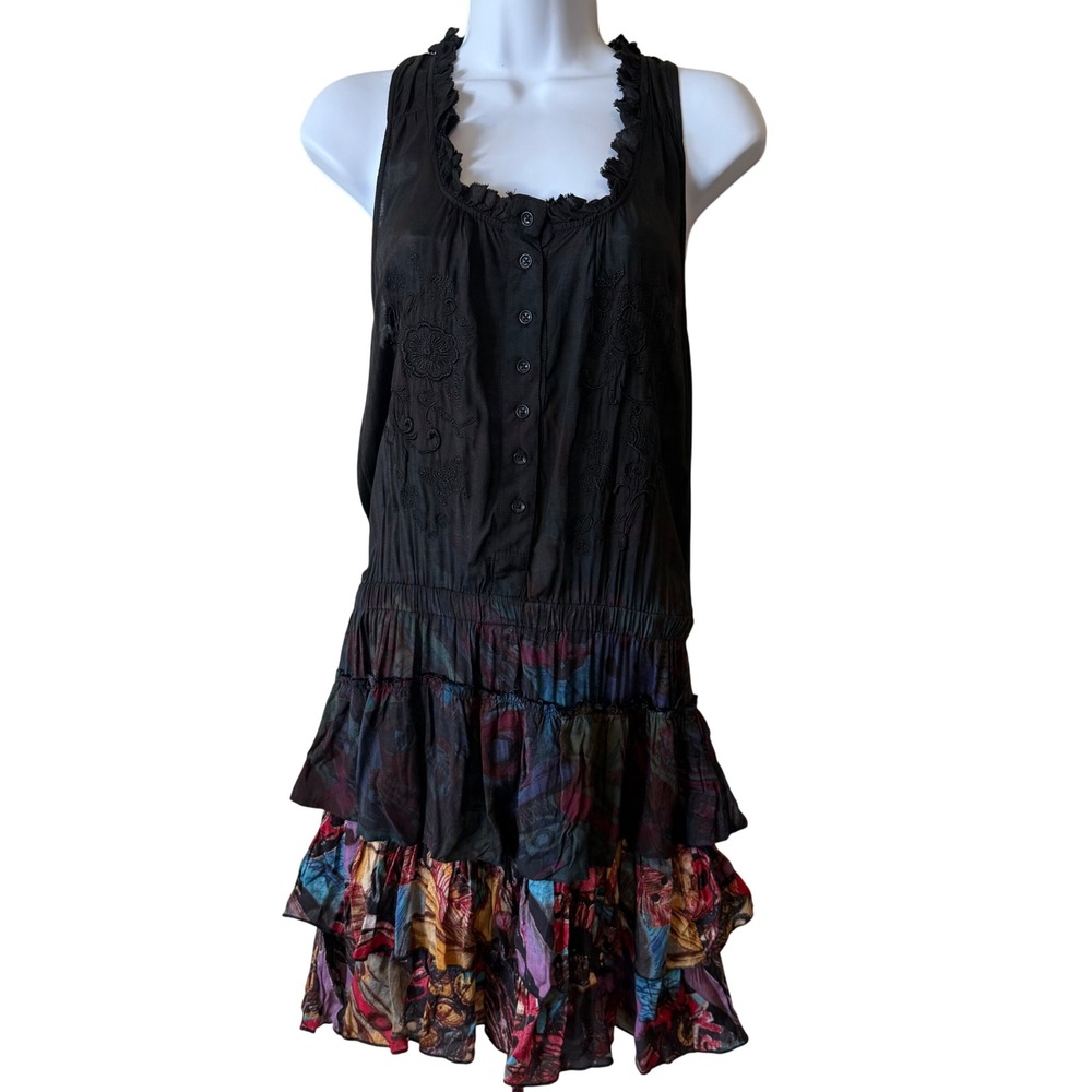 Desigual Black Embroidered Tiered Ruffle Boho Dress Sz 36 Small Spanish festival